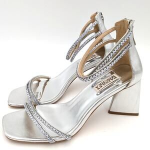 Badgley Mischka Lillie Women's Crystal Dual-Strapped Block Heels Silver Size 8